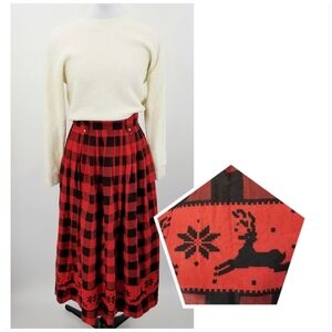 Vintage Breeches Christmas Skirt Red Black Buffalo Snowflake Reindeer Print Hem